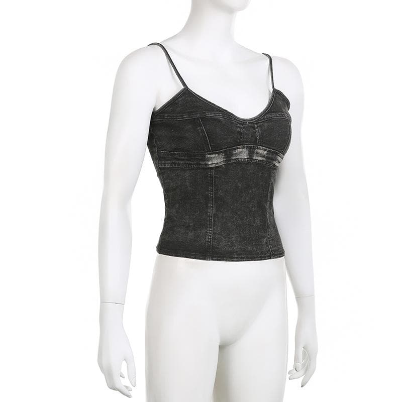Top corto in denim con scollo a V, zip e schiena scoperta 