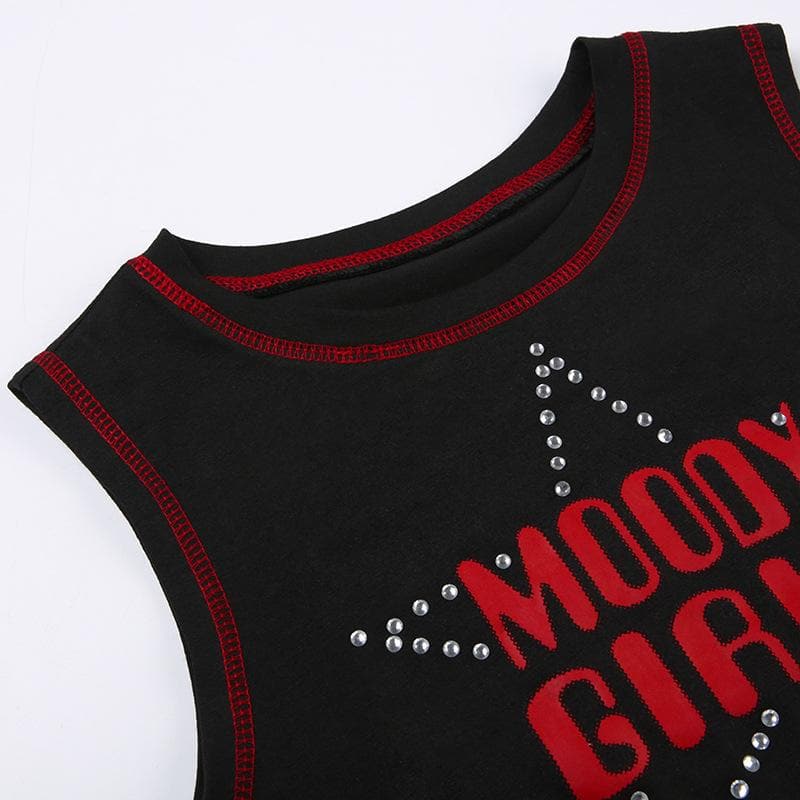Star pattern beaded contrast stitch sleeveless crop top