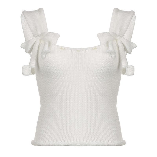 Backless knitted bowknot sleeveless solid top