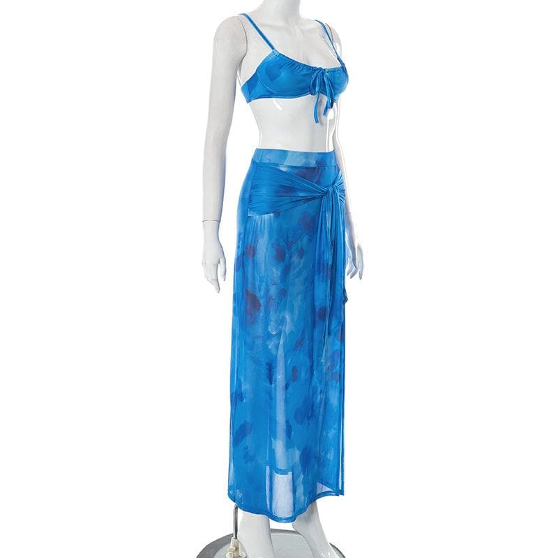 Backless mesh slit self tie tie dye maxi skirt set