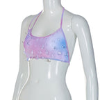 Sheer mesh tie dye stone pendant halter backless self tie crop top
