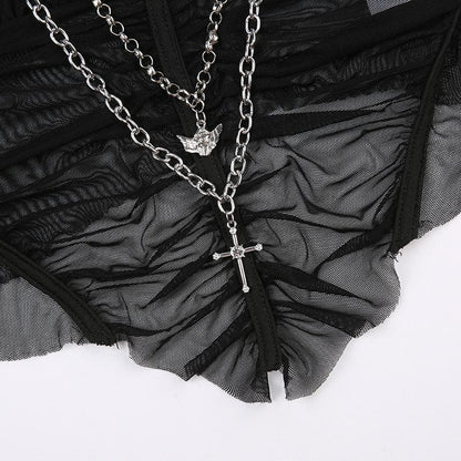 Metal chain mesh patchwork ruched cami crop top