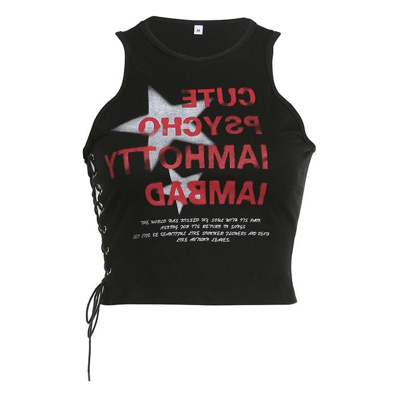 Star pattern contrast lace up sleeveless crewneck crop top