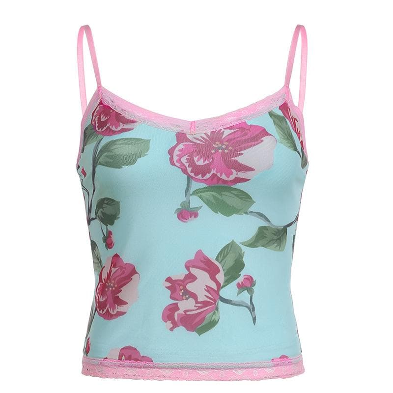 Top in rete a contrasto con scollo a V e stampa floreale con orlo in pizzo 