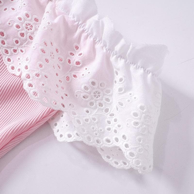 Ribbed lace hem contrast off shoulder backless bodysuit