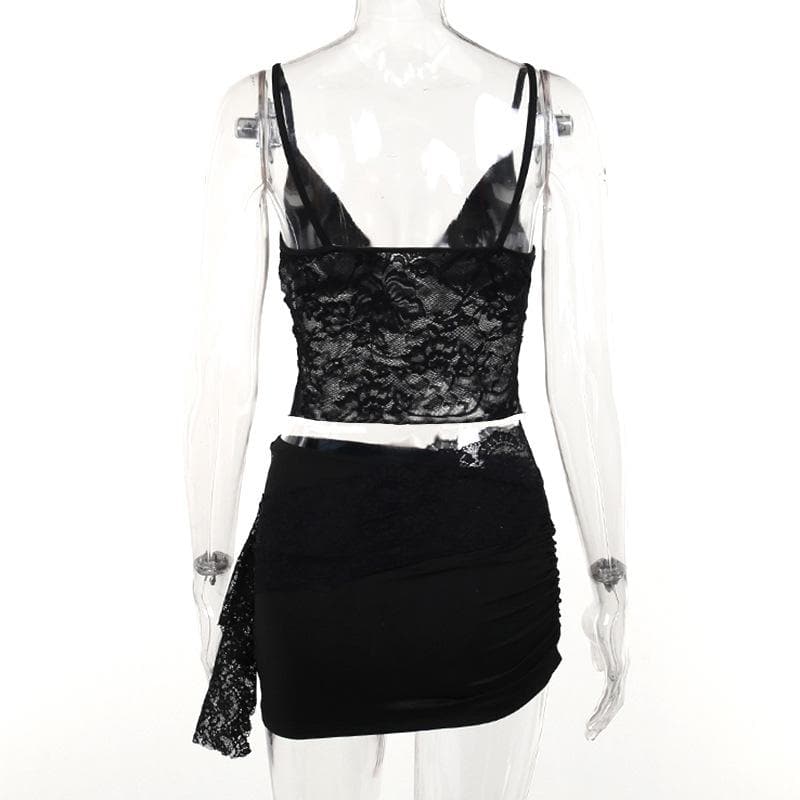 Lace v neck backless ruched irregular solid cami mini skirt set
