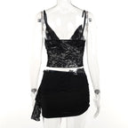 Lace v neck backless ruched irregular solid cami mini skirt set