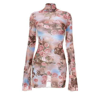 Flower print long sleeve slit sheer mesh see through high neck mini dress