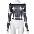 Tie dye contrast off shoulder long sleeve gloves sheer mesh see through top