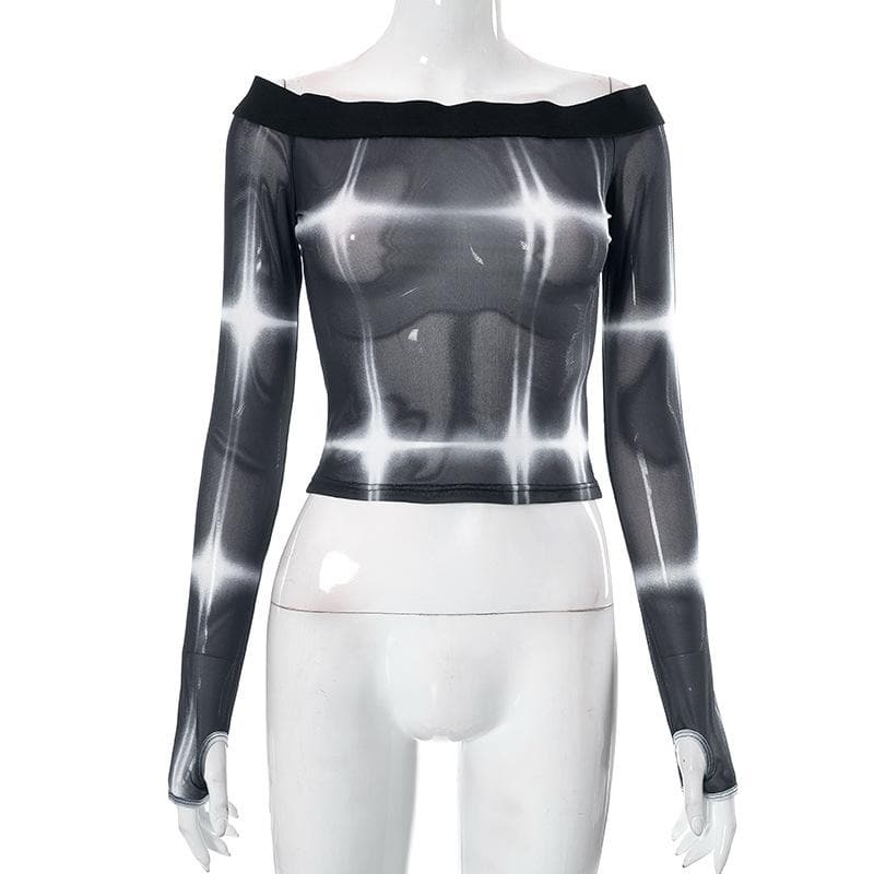 Tie dye contrast off shoulder long sleeve gloves sheer mesh see through top