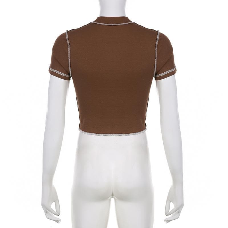 Stitch contrast short sleeve "CRUSH" pattern ruffle crop top