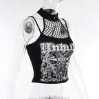 Halter backless abstract button contrast fishnet crop top