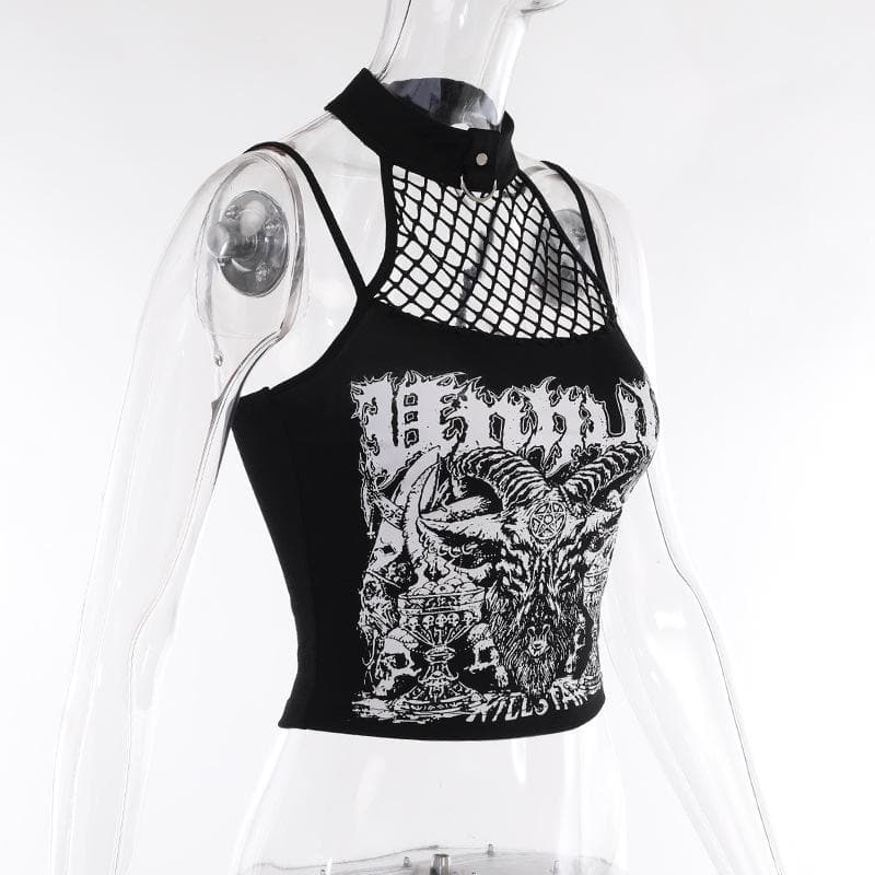 Halter backless abstract button contrast fishnet crop top