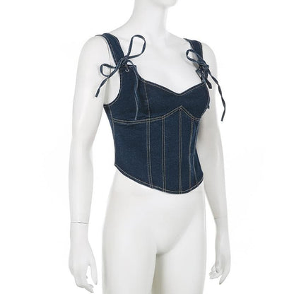 Top corsetto senza maniche con lacci in denim cucito e scollato
