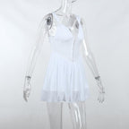 Button patchwork chiffon ruffle low cut mini dress
