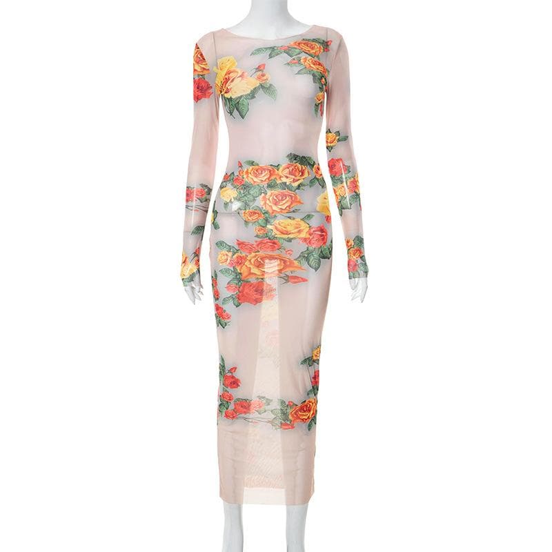 Maxikleid mit langen Ärmeln und transparentem Netzstoff im Kontrastmuster mit Blumenmuster 