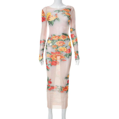 Maxikleid mit langen Ärmeln und transparentem Netzstoff im Kontrastmuster mit Blumenmuster 