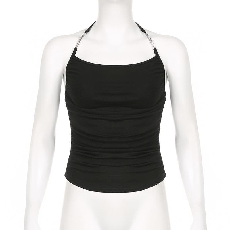 Metal chain halter ruched solid backless top