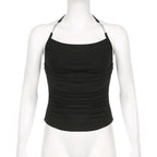 Metal chain halter ruched solid backless top