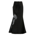 Dragon pattern lace up contrast lace hem maxi skirt