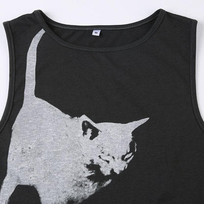 Cat pattern contrast sleeveless crewneck top