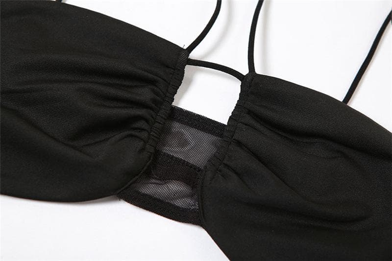 Netz-Patchwork-Set mit einfarbiger, ausgehöhlter, rückenfreier Neckholder-Hose 