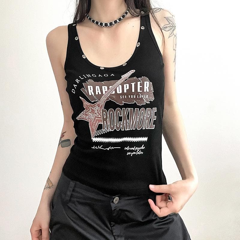Top senza maniche con scollo a U e motivo "ROCKMORE" a coste 