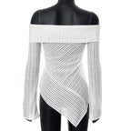 Off shoulder long sleeve textured irregular solid top