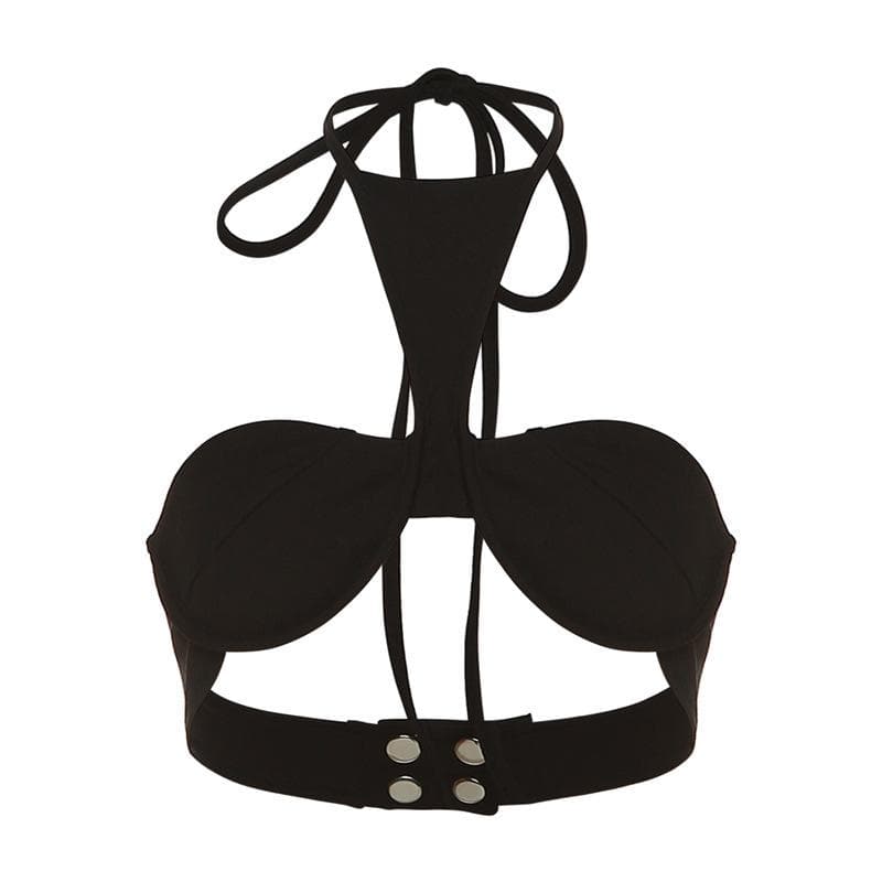 Top corto con spalline sottili e bottoni, allacciatura posteriore e chiusura a strappo 