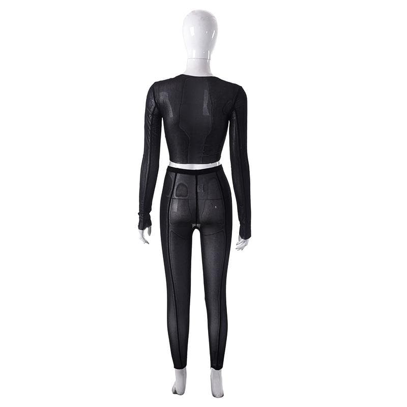 Completo pantaloni girocollo a maniche lunghe trasparenti in rete trasparente