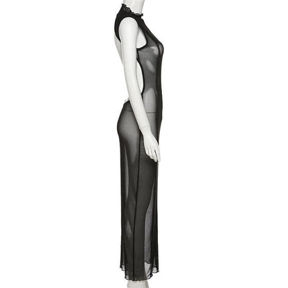 Ärmelloses, rückenfreies Midikleid aus transparentem Netzstoff 