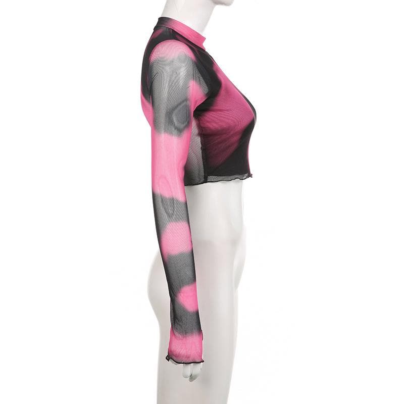 Long sleeve high neck gloves tie dye mesh crop top