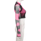 Long sleeve high neck gloves tie dye mesh crop top
