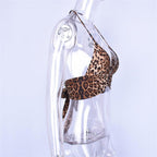 Leopard print contrast o ring halter backless self tie crop top