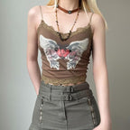 Abstract Print Contrast Lace Hem V Neck Backless Cami Crop Top
