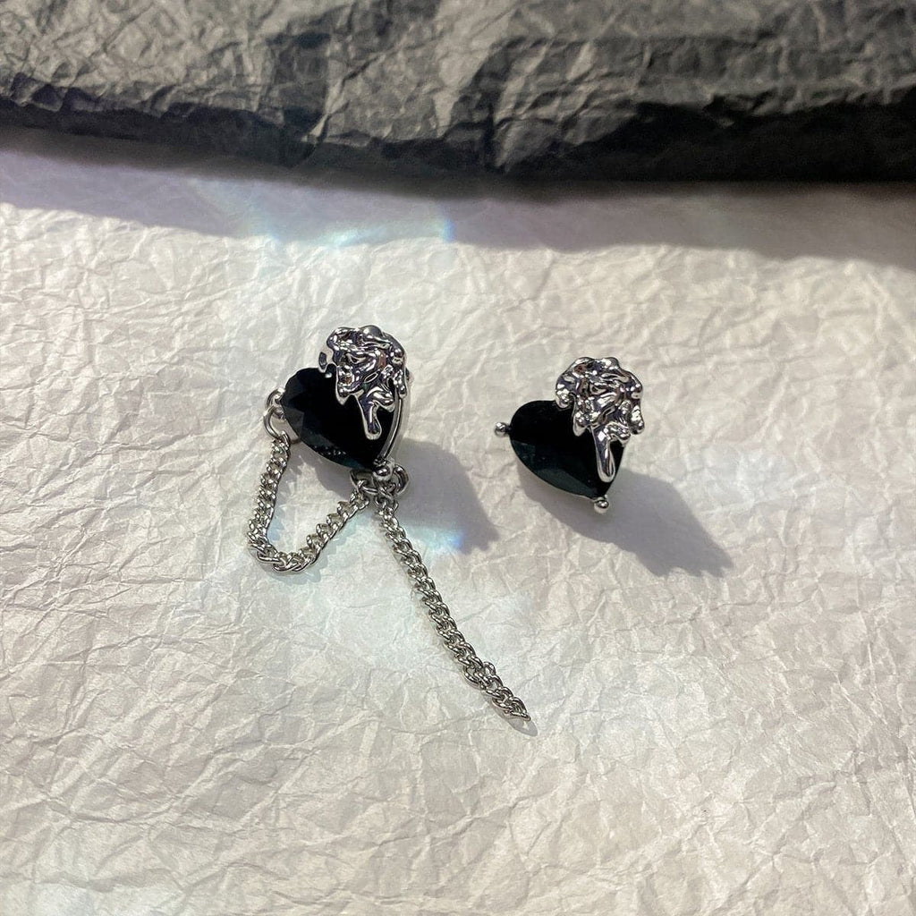 Heart Lava Silver Chain Earrings