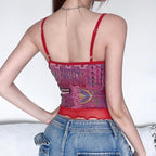 Letter print u neck ruffle mesh patchwork cami top