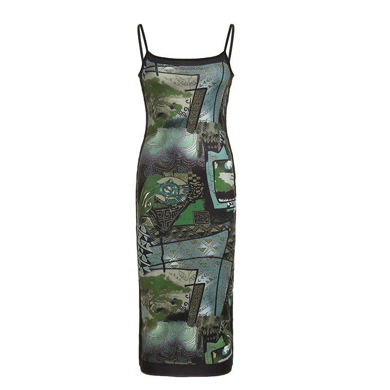 Abstract Print Contrast Square Neck Backless Cami Midi Dress