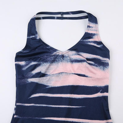 Batik-Neckholder-Minikleid mit U-Ausschnitt und rückenfreiem Kontrast