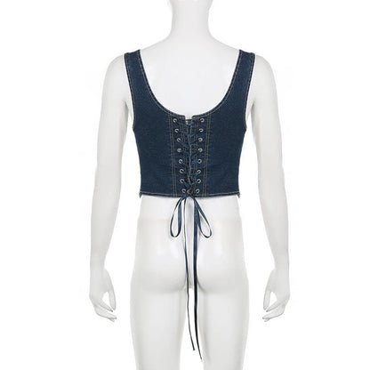 Top corsetto senza maniche con lacci in denim cucito e scollato
