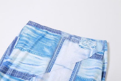 Denim print contrast ruffle lace up irregular self tie mini skirt set