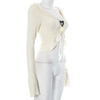 Ribbed flared sleeve heart applique ruffle v neck crop top