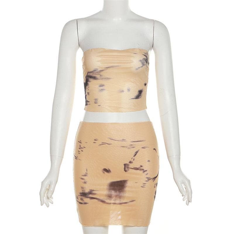 Tie dye contrast sheer mesh see through tube mini skirt set