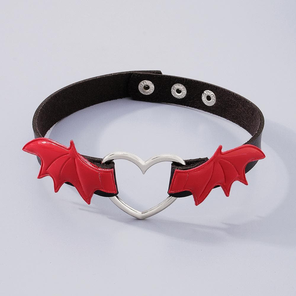 Wing heart ring button PU choker necklace