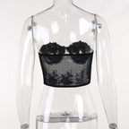 Backless contrast lace embroidery tube crop top