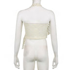 Halter irregular lace backless see through ruffle solid top