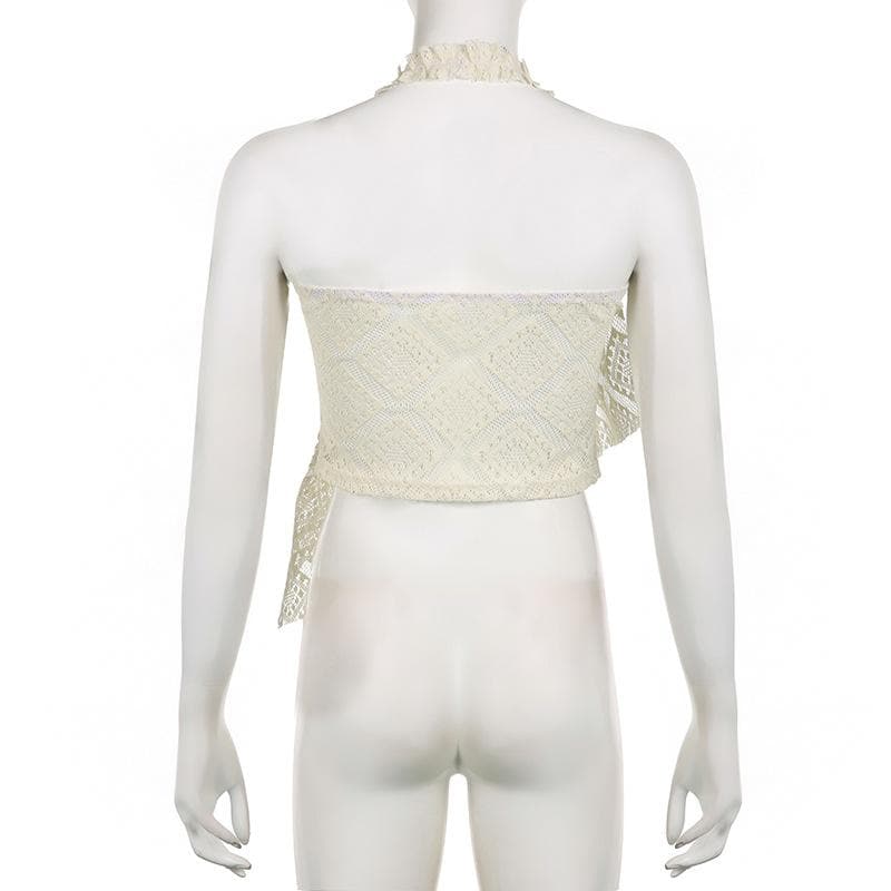Halter irregular lace backless see through ruffle solid top