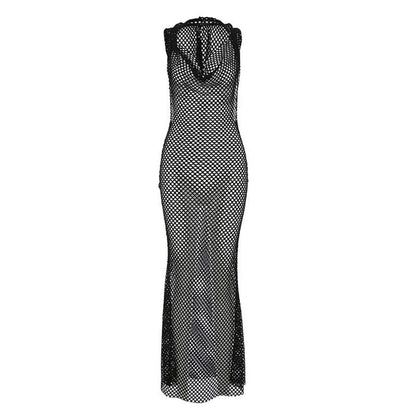 Ärmelloses, durchsichtiges Maxikleid mit Kapuze und Wasserfallausschnitt im Fischnetz-Look