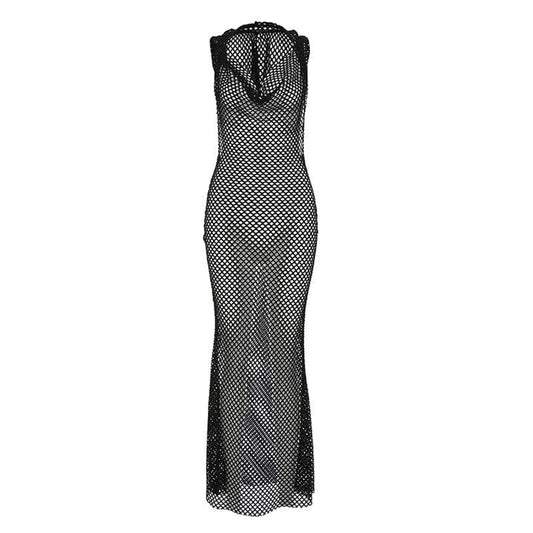 Fishnet solid hoodie sleeveless cowl neck backless see through maxi dress