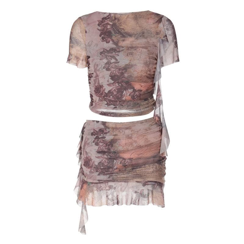 Short sleeve contrast abstract print ruffle mini skirt set